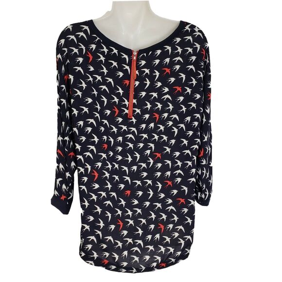 Anthropologie Maeve Women Top Sz 4 Blue White Bird Print Zip Back Rayon Novelty - Picture 2 of 10
